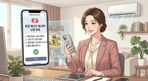 스마트폰으로 한전 주택용 에너지 캐시백 신청을 완료한 여성 전문가 웹툰 일러스트.
