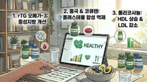 콜레스테롤 낮추는 방법, 고지혈증 영양제 추천, rTG 오메가3 중성지방 개선, 홍국 코큐텐 콜레스테롤 합성 억제, 폴리코사놀 HDL 상승 LDL 감소, 성분 비교 일러스트