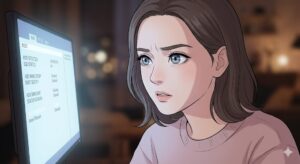 컴퓨터 안됨 현상을 해결하기 위해 모니터의 BIOS 설정 화면을 유심히 살피는 여성의 웹툰 스타일 일러스트