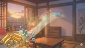 정갈한 현대적 상가 매장 내부에 은은한 자연 채광이 스며드는 배경 위로, 소상공인 전기요금 특별지원의 재정적 혜택과 절약을 상징하는 황금빛 금괴와 동전 더미가 방패 아이콘과 함께 부드러운 웹툰풍 반실사 스타일로 표현된 본문 삽입용 이미지