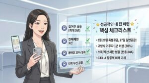 실거주 의무와 전매제한 등 고양 창릉 우미린 그레니티 청약 신청 전 필수 주의사항과 자격 조건을 투명한 디지털 체크리스트 화면으로 확인하는 여성 일러스트