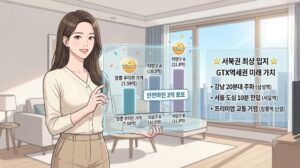 고양 창릉 우미린 그레니티 분양가와 주변 신축 아파트 시세를 비교한 막대그래프를 보며 안전마진 3억 로또 청약 가치를 분석하는 여성 일러스트