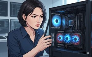 그래픽카드 온도를 낮추기 위해 PC 케이스의 유리 옆면을 열어 쿨링 환경을 개선하는 IT 전문가의 모습