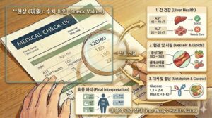 건강검진 결과지의 수치를 돋보기로 확인하고, 간 건강·혈관 및 지질·대사 및 혈당 수치로 연결하여 최종적으로 건강 상태를 해석하는 과정을 보여주는 인포그래픽 이미지