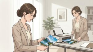 아늑한 서재 책상 위 프린터에서 A4 용지에 화질 저하 없이 선명하게 출력된 풍경 사진을 만족스럽게 바라보는 여성의 모습