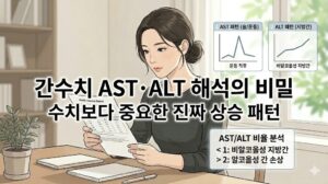 우측 상단에 운동 직후와 비알코올성 지방간의 수치 그래프 및 하단에 비율 분석 기준이 시각화되어 나타난 본문용 이미지