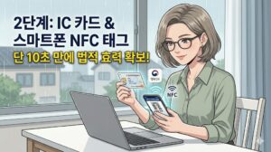 안경을 쓴 여성이 노트북 앞 테이블에 앉아 IC 운전면허증 카드를 스마트폰 뒷면에 가까이 대어 NFC 태그 등록을 진행하는 웹툰 스타일의 본문 안내 이미지