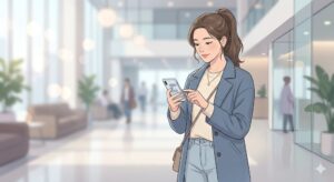 여성이 병원 로비에서 스마트폰에 발급된 모바일 신분증을 확인하며 미소 짓는 모습