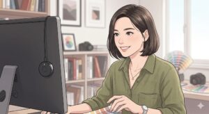 단발머리 여성이 컴퓨터 앞에 앉아 모니터를 보며 작업 중인 일러스트. 책상 위 색상 차트와 카메라