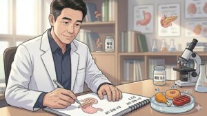 정갈한 연구실에서 의사 가운을 입은 50대 남성 의사가 노트에 췌장 구조를 그리며 분석하는 모습과 책상 위 튀김, 설탕당, 탄 고기 오브젝트가 부드러운 웹툰풍 반실사 스타일로 표현된 본문 삽입용 이미지