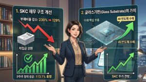 SKC 유상증자를 통한 부채비율 감소 효과와 차세대 AI 반도체 핵심 부품인 글라스기판의 성장 가치를 직관적으로 설명하는 인포그래픽 일러스트