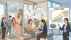 뉴홈 공공분양의 3가지 핵심 유형(나눔형, 선택형, 일반형) 혜택을 직관적으로 비교한 3분할 일러스트