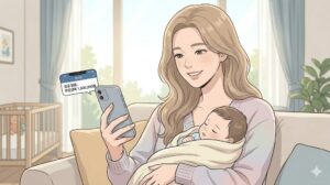 아이를 품에 안고 스마트폰으로 '입금 완료: 부모급여 1,000,000원' 알림 화면을 보며 안도하는 엄마의 모습