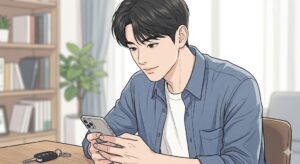 책상 위 자동차 키가 놓인 밝은 서재에서 스마트폰으로 6월 자동차세 납부 및 연납 할인 혜택 정보를 확인하며 따뜻하게 미소 짓는 젊은 한국 남성의 웹툰 스타일 일러스트 본문 이미지