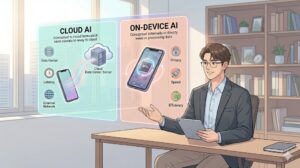 온디바이스 AI와 클라우드 AI의 데이터 처리 방식과 NPU 칩 활용의 차이점을 직관적으로 비교하는 인포그래픽 일러스트.
