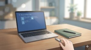 Windows 부팅 오류 해결을 위해 노트북에 고급 복구 모드 화면을 띄우고 복구 USB를 쥐려는 깔끔한 데스크탑 환경 일러스트