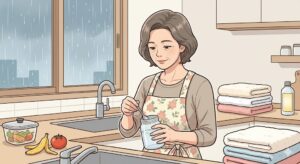 비 오는 장마철 주방에서 깨끗한 수건을 쌓아두고 초파리 트랩을 만들며 미소 짓는 주부의 웹툰 스타일 본문 일러스트 이미지