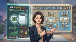 제습기 전기요금을 결정하는 인버터 모터의 특징과 평수별 일일 제습량 및 물통 용량의 차이점을 상세히 설명하는 블로그 본문 인포그래픽 일러스트