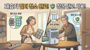 제습기 전기요금 절약을 위해 진공청소기로 필터를 먼지 하나 없이 청소하고, 창문을 닫은 채 제습기 위치를 최적화하여 효율을 높이는 중년 부부의 모습을 담은 블로그 본문 일러스트