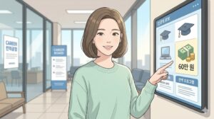 여성이 60만 원 지원 아이콘이 띄워진 디지털 취업 게시판을 가리키는 웹툰풍 이미지
