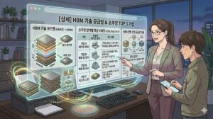 첨단 TC 본더 장비와 테스트 소켓 부품의 성능 비교 표를 가리키며 설명하는 금융 분석가 이미지, 분석 HBM4 기술 전환기 핵심 소부장 기업 공급망 수혜 규모 실적 지표 수주 잔고 분석