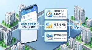 청약홈 앱 화면 옆으로 배우자 기간 50% 인정, 최대 3점 제한, 입주자모집공고일 유효 등 배우자 청약 통장 기간 합산의 3대 핵심 조건을 정리한 시각 자료
