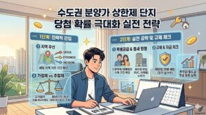 거실 소파에 앉아 태블릿으로 수도권 분양가 상한제 단지 청약 당첨 확률 높이는 공급 비율과 특별공급 자금 계획을 점검하는 청년 일러스트 본문 이미지