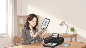 스마트폰 Canon PRINT 앱의 와이파이 연결 설정을 마치고 정상 인식 상태를 확인하는 서정적인 웹툰 스타일의 본문 이미지