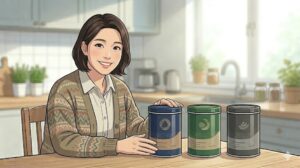 정갈한 목재 주방 식탁에서 온화하게 미소 짓고 있는 30대 한국인 여성 일러스트와 식탁 위에 나란히 놓인 세 가지 색상의 단백질 보충제 제품 통이 묘사된 본문 이미지
