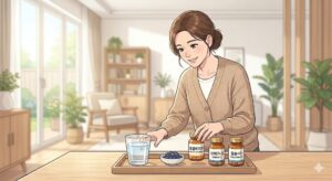 따뜻한 채광이 드는 방에서 30대 딸이 부모님의 기억력과 건강을 위해 영양제 알약을 손바닥에 정성스럽게 덜어 준비하는 모습