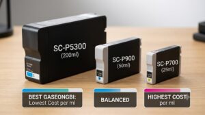 엡손 슈어컬러 SC-P5300의 200ml 초대용량 잉크 카트리지와 P700의 25ml 소용량 카트리지의 실제 크기를 비교하여 압도적인 가성비를 시각적으로 증명하는 사진.