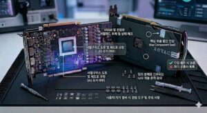 그래픽카드 AS 분해 규정 안내를 위해 기판 소자 및 백플레이트 봉인 인장 위치를 표시한 본문 이미지