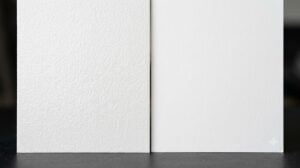 하네뮬레 바라이타와 캔손 인피니티 하이엔드 파인아트 용지의 표면 질감 및 섬유 결 입자를 나란히 배치하여 근접 비교한 매크로 사진.