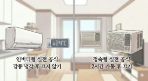 인버터형 vs 정속형 에어컨의 하루 10시간 가동 시 전기요금 누진세 방지 조작 루틴을 비교 설명하는 본문 이미지
