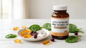 노인 눈 건강 보조제 핵심 성분인 루테인 아스타잔틴 아연 연질 캡슐과 영양제 병