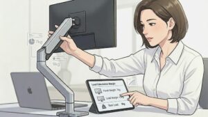 태블릿 화면의 수치를 보며 모니터 암 하중을 정밀하게 계산하는 모습의 일러스트