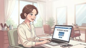 국민내일배움카드 자격 조건 서류를 준비하여 노트북으로 HRD-Net 홈페이지에 접속해 신청 절차를 진행 중인 소상공인 자영업자의 일러스트 본문 이미지