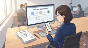 사무실에서 컴퓨터 화면의 3단계 프로세스를 보며 스마트폰으로 1390 선관위 대표 번호로 실시간 민원 신청 및 신고를 진행하는 여성