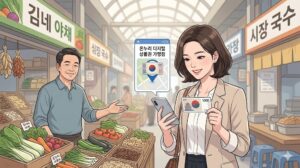 전통시장 채소 가게 앞에서 스마트폰 가맹점 지도 화면과 종이 온누리상품권을 들고 있는 여성