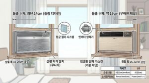 파세코 vs LG 가로형 창문형 에어컨 비교를 위해 두 제품의 실측 돌출 두께와 권장 창틀 폭, 밀폐 마감재 특징을 상세히 대조한 본문 인포그래픽 이미지