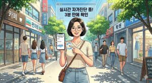 스마트폰으로 청년미래적금 가입 자격을 실시간으로 3분 만에 확인하는 자가진단 화면과 이를 안내하는 여성
