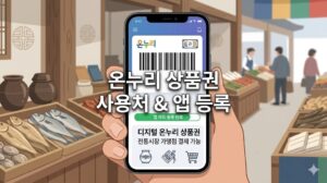 전통시장을 배경으로 스마트폰 화면에 디지털 온누리 상품권 바코드가 띄워진 모습을 나타낸 본문 이미지