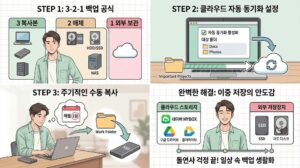 3-2-1 법칙과 클라우드 자동 동기화를 활용한 외장하드 데이터 백업 4단계 가이드 인포그래픽 이미지