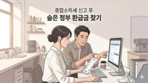 상단에 '종합소득세 신고 후 숨은 정부 환급금 찾기' 텍스트가 배치되어 있으며, 자영업자 종합소득세 신고 내역과 영수증을 모니터 화면으로 꼼꼼하게 비교 분석하고 있는 남녀 소상공인의 모습을 담은 본문 이미지