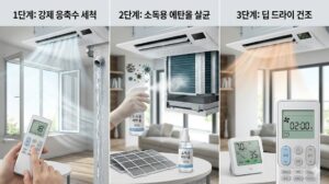 소독용 에탄올로 냉각핀을 살균한 뒤 시스템 에어컨 자동 건조 기능을 활용해 내부를 바짝 말리는 과정