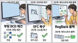 부팅 BCD 재건, SFC 시스템 복구, RegBack 롤백 단계를 Minimalistic 웹툰 스타일로 설명하는 본문 이미지