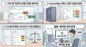 작업 관리자 및 msconfig 설정을 통해 시작 프로그램을 정리하고 Windows 부팅 속도를 단축하는 4단계 안내 인포그래픽