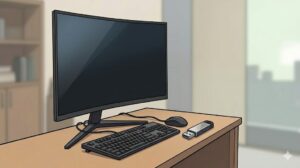 깔끔한 현대적 책상 위에 놓인 빈 모니터와 윈도우 11 순정 설치 USB 만들기 준비 과정을 위한 단일 USB 메모리 스틱 근접 샷