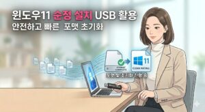 노트북 모니터 화면에 깨끗하게 표시된 윈도우11 설치 가이드 메인 인터페이스 일러스트