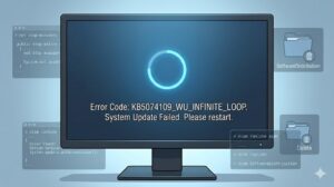 윈도우11 업데이트 오류 무한 로딩 오류 코드가 표시된 모니터와 복구 명령어 아이콘 화면